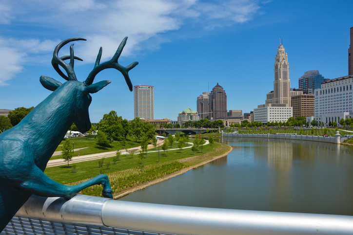 Metal stag statue on a bridge over the Scioto River in Columbus, Ohio.